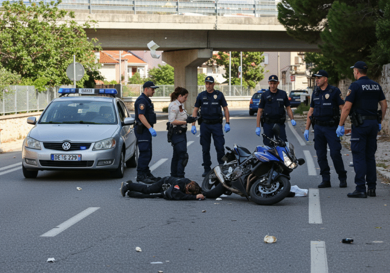 An injured female motorcycle rider is on the ground next to her fallen motorcycle on a street in Poreč, Croatia. A passenger car that braked suddenly is stopped ahead of her. Several Istrian police officers are present, investigating the scene on the asphalt road. An overpass is visible overhead in the background, implying the source of the thrown objects. Daylight, clear weather, editorial photograph capturing the aftermath of a traffic incident in a Croatian urban setting.