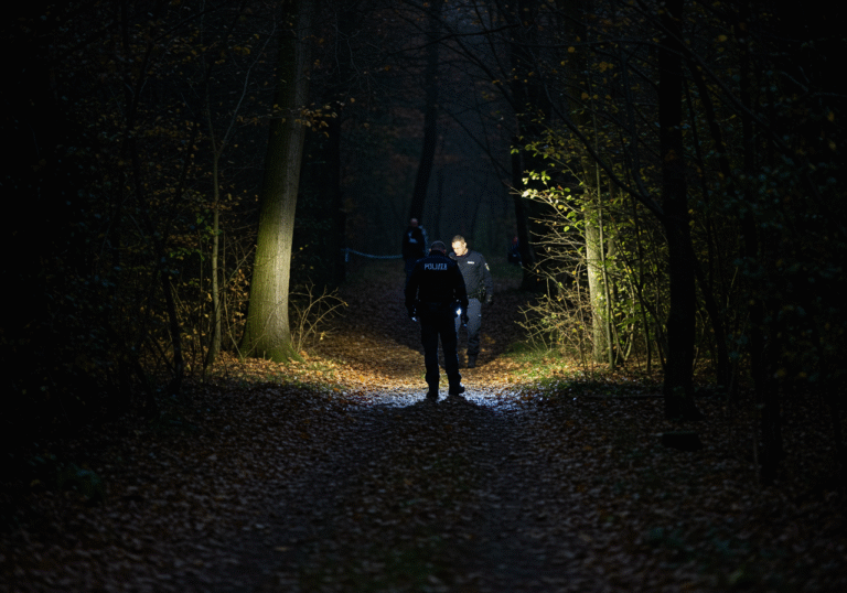 Croatian police officers in dark blue uniforms investigate a secluded, dimly lit forest path within Bundek Park in Novi Zagreb, near Stonska Street, at late dusk. One officer carefully examines the ground with a flashlight, casting long shadows. The narrow path is surrounded by dense trees with visible fallen leaves. The scene is quiet and solemn, conveying the gravity of an ongoing criminal investigation.