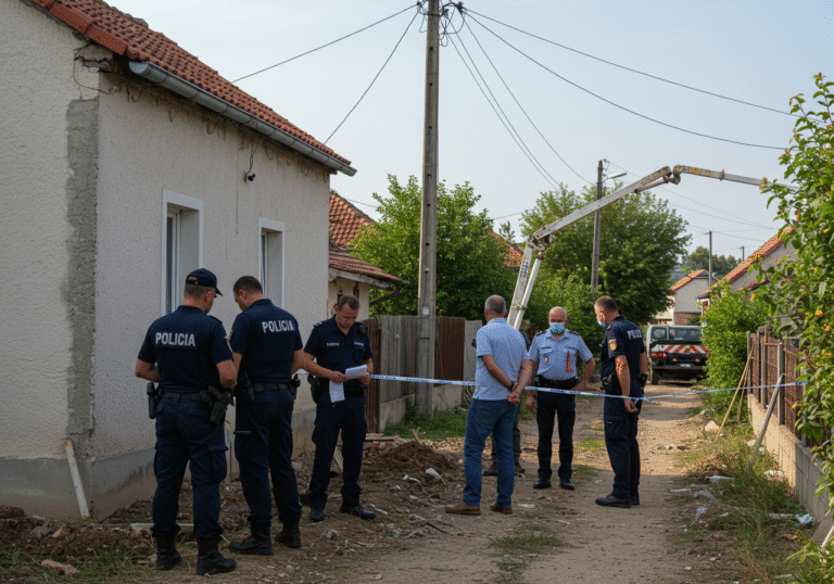 Mid-afternoon in Gradište, a village near Županja in Vukovar-Srijem County, Croatia. Croatian police officers, dressed in dark blue uniforms, are conducting an on-site investigation in the yard of a family house. An employee from an electricity supply company and a state labor inspector are present, carefully examining the ground and surroundings. Overhead power lines are distinctly visible high above the scene, spanning across a clear summer sky. Equipment associated with concrete pouring is visible in the background. The natural sunlight is bright, typical of a summer afternoon in Croatia.