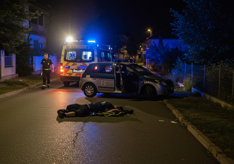 An 18-year-old male lies severely injured on the dark asphalt of a Bjelovar street in the early morning hours of Friday, August 15, 2025. A car with its front left door wide open is stopped nearby. The scene is illuminated by flashing emergency lights from an ambulance and a Croatian police vehicle, casting long shadows across the quiet residential street.