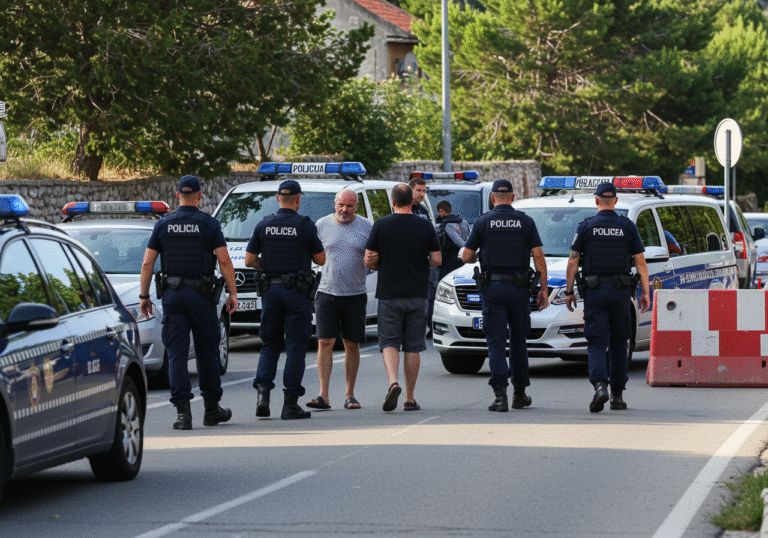 A sunny summer day in Istria, Croatia. Uniformed Croatian police officers, accompanied by members of the interventna policija, are actively securing a scene. A 62-year-old male suspect is being escorted by the police, while official Croatian police vehicles form a road blockade across a paved road near a parking lot. The natural light highlights the details of the police uniforms and vehicles, set against a background of typical Croatian roadside features, conveying a realistic, journalistic depiction of an ongoing law enforcement operation.