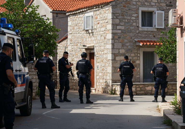 Croatian special police officers in dark tactical uniforms and gear are strategically positioned around a traditional stone family house in Supetar, Brač island, Croatia. It is a bright and clear August morning, with strong sunlight casting distinct shadows across the Mediterranean residential street. A marked police tactical vehicle is partially visible in the background, indicating the ongoing presence of emergency services. The officers maintain focused and professional expressions, reflecting a controlled and serious incident.