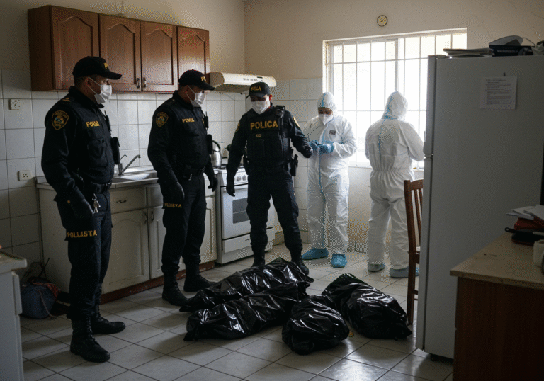 Bolivian police officers in standard uniform are actively investigating a somber scene inside the kitchen of a rented house in Santa Cruz, Bolivia. The room is dimly lit by natural light filtering through a window, casting long shadows. On the tiled floor, three distinct shapes, wrapped in black nylon bags, are visible, clearly identified as bodies. Forensic personnel, wearing protective suits, are meticulously documenting the area in the background. The kitchen appears disturbed, with various items indicative of a recent presence, now frozen in time by the ongoing investigation.