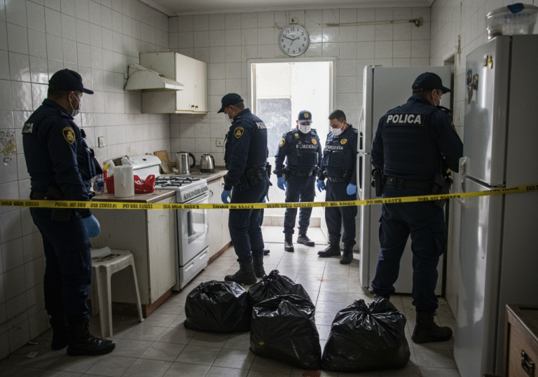 A tense crime scene investigation unfolds inside the kitchen of a rented property in the Petrolera Norte district of Santa Cruz, Bolivia. Bolivian police officers in their dark blue uniforms are meticulously examining the area. The room shows signs of disturbance, with items slightly out of place, indicative of a struggle. Several large black plastic bags lie on the tiled floor. Harsh interior lighting illuminates the scene, casting long shadows. Daylight is visible through a distant window, suggesting the investigation is underway during the day.