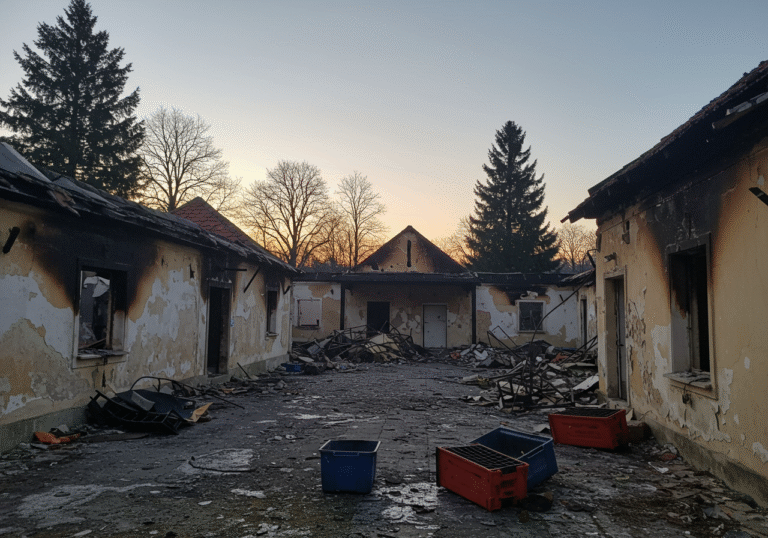 Early morning light reveals the charred remains of three auxiliary buildings within the courtyard of the National Sanctuary of Our Lady of Bistrica in Marija Bistrica, Croatia. Debris and blackened walls indicate extensive fire damage, with scorch marks also visible on a fourth, partially damaged structure. Remnants of melted plastic bins lie near the base of a wall in the area where the 'Youth Hall' was located, under a somber sky.