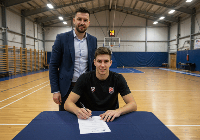 A 25-year-old Croatian basketball player, Mario Fantina, sits at a table inside the Kvarner basketball club facility in Rijeka, Croatia. He holds a pen and is signing a contract document, looking focused and content. A club official, dressed in a suit or smart casual attire, stands beside him, observing with a welcoming expression. The indoor setting features bright, even lighting, with a polished hardwood basketball court visible in the background. The atmosphere is professional and optimistic, suggesting a significant new beginning for the player and the club's pre-season preparations.