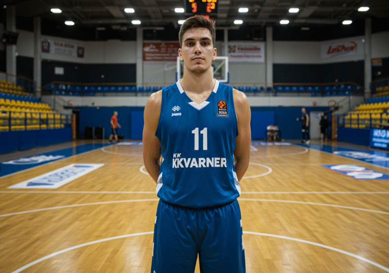 A 24-year-old male basketball player, Mario Fantina, 194 centimeters tall with an athletic build, stands confidently on an indoor basketball court in Rijeka, Croatia. He is wearing official KK Kvarner basketball training gear. His expression shows a blend of focus and anticipation, ready for the upcoming season. The professional court is well-lit with bright, even lighting, showcasing the markings and a visible basketball hoop in the background. The scene captures the energy of a pre-season sports environment in mid-August.