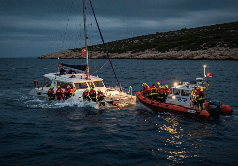 A dramatic scene unfolds on the dark, rough Adriatic Sea near Komiža, Croatia, on a windy Sunday evening. Croatian volunteer firefighters from DVD Komiža, clad in their protective gear and life vests, are actively engaged in a maritime rescue operation. Strong wind gusts create white-capped waves that crash around a distressed catamaran visibly taking on water, its deck partially submerged. Emergency lights from a rescue boat illuminate the determined faces of the firefighters as they work to pull individuals from the listing vessel or assist them to safety. The rugged, rocky coastline of the Vis archipelago is dimly visible in the turbulent twilight sky, emphasizing the challenging conditions.