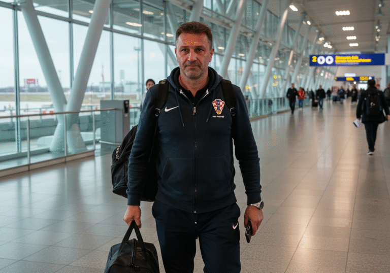 A medium shot of Croatian captain Marko Bekavac, in his late 40s or early 50s, walking through the arrivals hall of Zagreb Airport on a bright Saturday morning. He wears simple, practical travel clothing and carries a small duffel bag. His face, showing signs of exhaustion and the past 23 months, also carries a profound sense of relief and a faint, hopeful smile. Natural light from large windows illuminates the modern airport environment. The scene captures the quiet, personal moment of his unexpected return to Croatia after his release from Turkish prison.