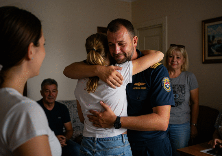 Croatian seafarer Captain Marko Bekavac, visibly relieved and dressed in civilian clothes, embraces his surprised family members in a warm, naturally lit Croatian home on the morning of Saturday, August 9, 2025. The scene captures the profound emotional reunion following his secret release from a Turkish prison, where he had been held for alleged cocaine smuggling, marking the end of a long ordeal.