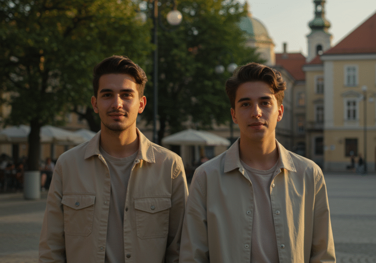 A candid editorial photograph of 21-year-old Croatian singer Marko Bošnjak and his Spanish partner walking together in a tree-lined square in Zagreb, Croatia. They are seen from a medium distance, both looking forward with calm, reflective expressions. Bošnjak is wearing a light jacket over a t-shirt, and his partner is in a casual shirt, both dressed comfortably. Warm late afternoon sunlight illuminates their faces. In the background, typical central European architecture of Zagreb is visible under a clear sky, subtly indicating their current home before their upcoming move abroad.