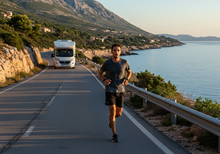 A 27-year-old man, Marko Piliškić, runs with a determined expression along a scenic coastal road in Croatia during early morning light. He is dressed in practical running gear, with a light sweat on his brow. The clear blue Adriatic Sea is visible beside him, reflecting the rising sun. In the distance, a white camper van, driven by his 19-year-old brother David, is visible on the winding road, indicating support for the long-distance journey. The landscape features rugged Mediterranean vegetation and rocky outcrops, emphasizing the expansive Croatian coastline.