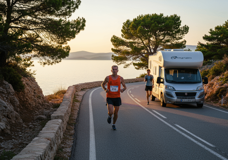A determined male ultramarathon runner, Marko Piliškić, dressed in lightweight athletic gear, runs along a scenic winding coastal road in Croatia during a late August morning. The golden sun, recently risen, casts a warm light over the rugged Mediterranean landscape, illuminating the deep blue waters of the Adriatic Sea and scattered pine trees along the cliffs. In the near distance, a camper van is parked on the shoulder, with his younger brother David, around 19 years old, standing beside it, observing with a supportive gaze. The scene captures the challenging yet beautiful essence of a long-distance run along the Croatian coastline.