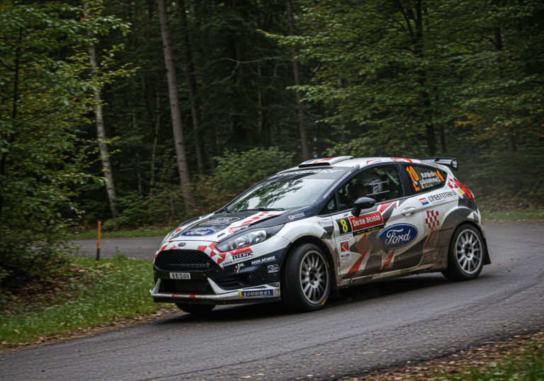 A dynamic medium shot of Croatian rally driver Martin Ravenščak and co-driver Dora Ravenščak inside their Ford Fiesta Rally3, navigating a challenging, narrow asphalt road through a dense forest section of the Barum Czech Rally Zlín 2025 in South Moravia, Czech Republic. The road surface is visibly uneven and damp, suggesting recent rain. The Ford Fiesta Rally3, adorned with its distinctive rally livery and subtle Croatian flag decals, is captured mid-action, with a slight blur on the wheels to convey speed. Overcast daylight filters through the trees, creating an intense, focused atmosphere. Both Martin and Dora are wearing professional racing suits and helmets, demonstrating intense concentration on the demanding European Rally Championship course.