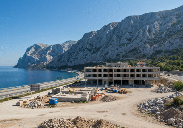 A wide exterior view of the currently inactive hotel building at Marune rest stop on Croatia's A1 highway. The unfinished structure is situated at the base of the towering Tulove Grede within the Velebit mountains, with a sweeping panoramic vista of the Novigrad Sea under a clear blue sky. The adjacent Croatian highway shows occasional passing vehicles, highlighting the strategic location of the site, which is currently subject to a public concession tender.
