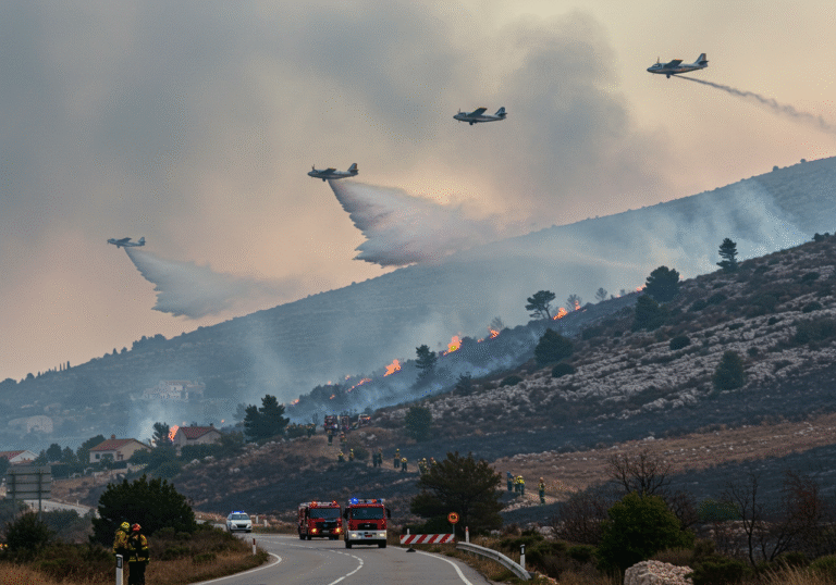 Early morning light filters through dense, grey smoke billowing from a massive wildfire on the rugged hills above Krilo Jesenice, nestled between Split and Omiš, Croatia. Three Canadair aircraft fly low, actively engaged in water drops over the vast, scorched landscape. On the ground below, numerous Croatian firefighters in their protective gear work tirelessly with fire engines, battling intense flames that creep dangerously close to nearby houses visible in the distance. The Jadranska Magistrala D8 road, temporarily closed, appears in the foreground, a Croatian police vehicle or officer near a roadblock, redirecting traffic away from the emergency zone. The air is thick with smoke and haze, indicating the widespread scale of the fire affecting over 250 hectares.