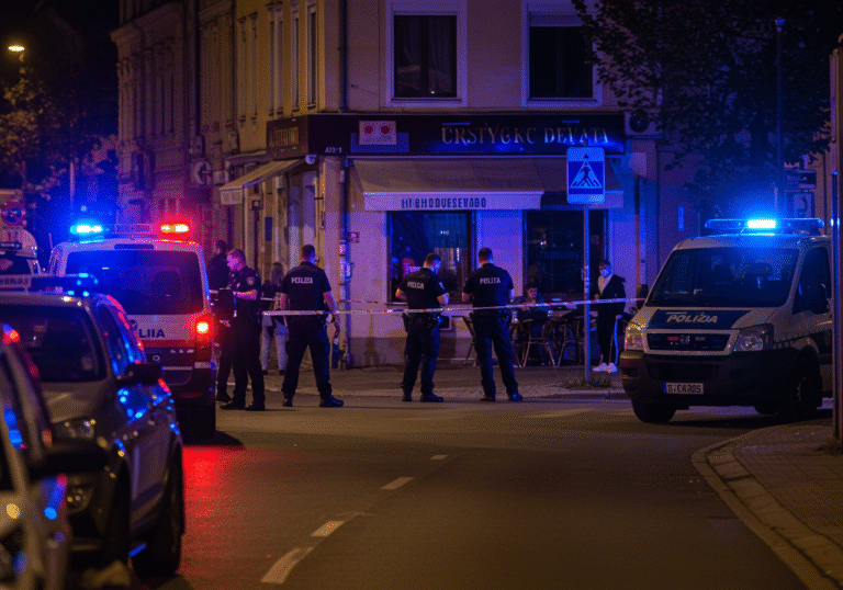 Late evening on Hrvatskog sokola Street in Jarun, Zagreb, Croatia. Croatian police officers are actively securing a cordoned-off area in front of a hospitality establishment. Blue and red flashing lights from police vehicles cast a subdued glow on the street. Several officers in standard dark blue Croatian police uniforms are visible, some standing guard behind police tape, others engaged in a meticulous on-site investigation. A few onlookers are visible in the background, observing the scene from a distance. The atmosphere is still and tense, reflecting the aftermath of a recent incident.