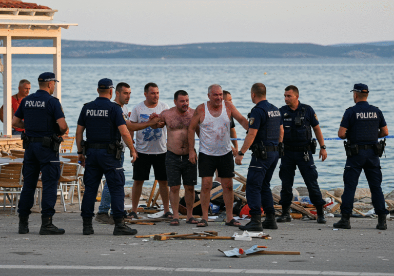 Late afternoon, Klenovica, Primorsko-goranska County, Croatia, on a warm August day. Regular and intervention units of Croatian police officers are responding to the chaotic scene of a mass brawl near a coastal cafe. Four visibly intoxicated Polish men, ranging in age from their 20s to 60s, are being confronted by police. Discarded items like a shovel or rake lie on the ground amidst overturned cafe chairs and signs of struggle. The Adriatic Sea stretches calmly in the background, contrasting with the tense atmosphere on the shore. Soft, golden hour light.