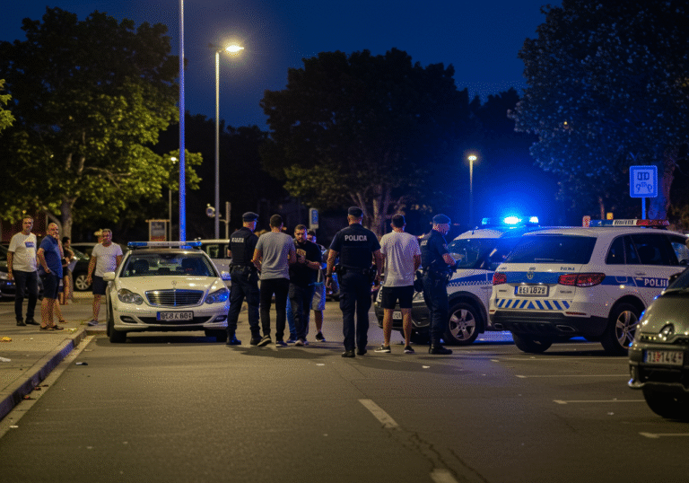 Croatian police officers securing the parking lot of a Plodine shopping center in Medulin, Croatia, on a summer evening around 8:00 PM. The scene shows the immediate aftermath of a recent mass brawl, with several individuals under police supervision. One person is being escorted by an officer towards a police vehicle. A white Mercedes with German license plates is clearly visible with damage to its body. Streetlights illuminate the area as local residents and visitors observe from a distance, their expressions reflecting concern.
