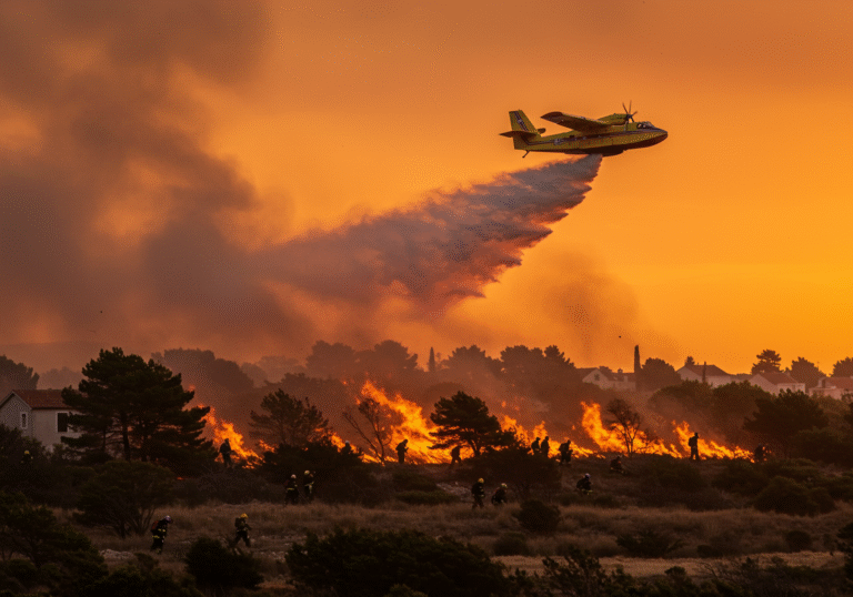 A sprawling wildfire rages across 250 hectares of dense scrubland and pine forest near Staro Selo, east of Split, Croatia, in the early dawn light of August 11, 2025. Strong, gusting winds whip towering flames and thick smoke towards nearby residential structures and the Adriatic Highway, creating an intense, ember-lit landscape. On the ground, Croatian firefighters in dark uniforms actively battle the advancing blaze, their focused efforts visible amidst the smoke and heat. Overhead, a CL-415 Canadair aircraft is captured mid-maneuver, releasing a massive water load onto the inferno, its spray illuminated against the smoky, orange-hued sky.