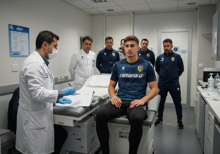 A 22-year-old Croatian footballer, Matija Frigan, undergoing a medical examination in a professional sports clinic. He is wearing athletic wear, with a doctor in a white coat performing a check-up. Other club staff, possibly in Parma Calcio team attire, are visible in the background, observing the process. The clinic interior is modern and well-lit by natural daylight. The atmosphere conveys a sense of official procedure and career transition.