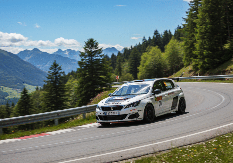 A professional editorial photo captures young Croatian automobilist Matija Jurišić accelerating his Peugeot 308 1.6 TCR race car on a winding mountain road during the European Hill Climb Championship in St. Ursanne – Les Rangiers, Switzerland. The car is in dynamic motion, taking a sweeping turn, with the background blurred to convey speed. It is a clear, bright day with blue skies. The Swiss alpine landscape with dense green trees and distant peaks is visible. The driver is focused in the cockpit, wearing a racing suit and helmet.