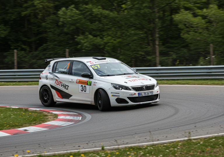 Croatian rally driver Matija Jurišić behind the wheel of his race-prepared Peugeot 308 1.6 TCR, navigating a fast corner during the 57th International ADAC Hill Climb Race Osnabrück. The setting is the winding Hilter-Borgloh track in northwestern Germany, near Borgloh, on a bright summer day, August 4, 2025. The car is leaning into the turn, with a subtle motion blur on the wheels and surrounding background to convey speed. Green trees and a typical German rural landscape line the narrow uphill road. The driver's helmet is visible through the car's side window, focused intently on the track.