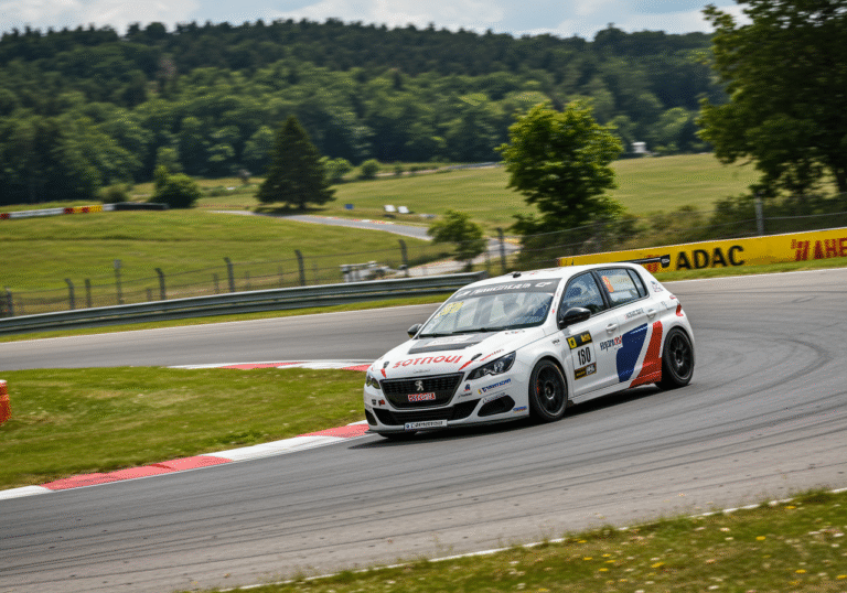 A wide-angle, action shot of Croatian automobilist Matija Jurišić, 22, expertly driving his Peugeot 308 1.6 TCR at high speed up the winding Hilter-Borgloh track during the 57th international ADAC Osnabrück hill climb race in Borgloh, northwest Germany. The race car is leaning into a sharp corner on the asphalt, with green, tree-lined hills rising in the background under a bright, clear summer sky. The scene captures the intensity and precision of a European hill climb championship event.