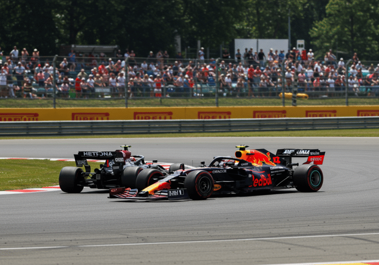 Max Verstappen's Red Bull Formula 1 car, number 1, is in close proximity to Lewis Hamilton's Mercedes Formula 1 car on the Hungaroring racetrack in Hungary, captured during the Hungarian Grand Prix on August 3, 2025. Hamilton's car is visibly moving onto the asphalt run-off area, just off the main racing line, in the act of avoiding contact with Verstappen's car which maintains its position on the track. Bright Hungarian summer daylight illuminates the dynamic scene, highlighting the track markings and distant grandstands under a clear sky.