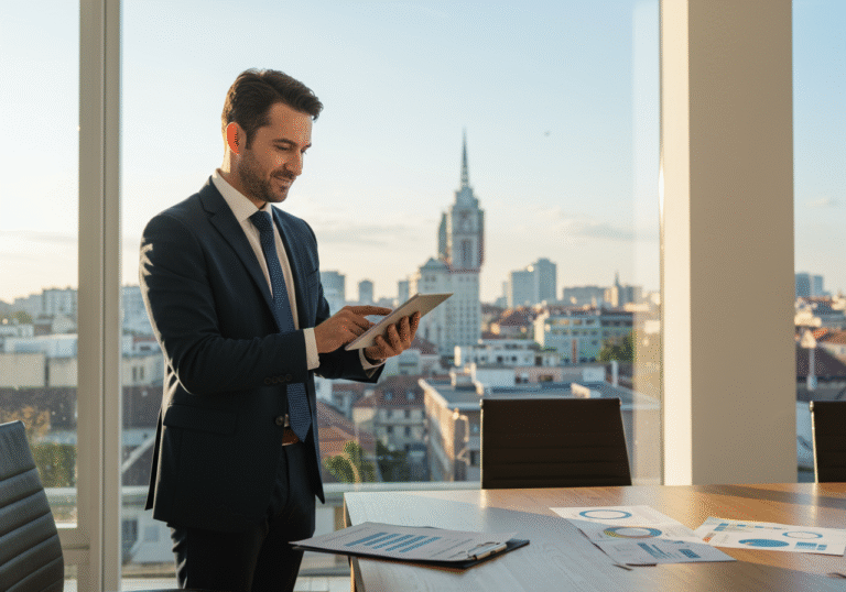 A confident male executive in a well-tailored business suit stands in a sunlit modern office boardroom in Zagreb, Croatia, looking at a digital tablet displaying a bar chart. His expression is one of satisfaction and assurance. Through a large window behind him, the city skyline of Zagreb is subtly visible under a clear, bright afternoon sky. On a polished table in front of him, a few stacks of professional financial reports are neatly placed. The atmosphere is calm and professional, conveying the stability and success of a major pharmaceutical distributor.