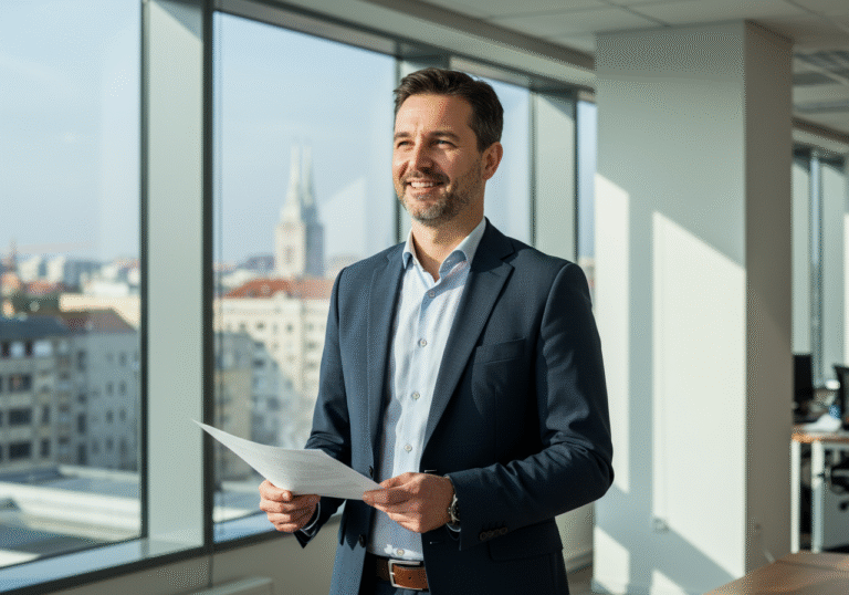 A confident Croatian business professional, mid-career, wearing a well-tailored business suit, stands in a brightly lit, modern corporate office in Zagreb. Sunlight streams through large windows, revealing a subtly blurred background of contemporary Zagreb cityscape. The professional has a positive, focused expression, holding a document or looking towards a screen, embodying the strong financial performance and stable growth of a leading wholesale drug distributor. The environment is clean, professional, and indicative of a successful company's headquarters.