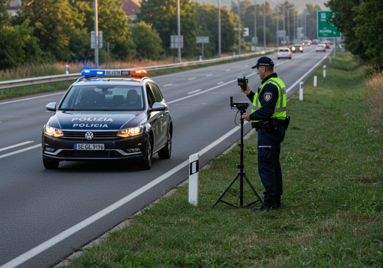A Croatian police officer in a dark blue uniform and a reflective vest is standing on the side of state road DC20 in Sveti Križ, Međimurje County, Croatia, during the early morning hours. The officer is holding a handheld speed radar device, focused on monitoring passing vehicles. A marked Croatian police patrol car is parked on the road shoulder behind the officer. The scene is illuminated by natural morning light, with typical Croatian roadside vegetation in the background, and vehicles driving by on the busy road.