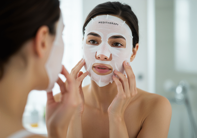 A woman in her 30s gently applying a white Meditherapy Tension Up face mask to her face in a brightly lit, contemporary bathroom. The fabric of the sheet mask subtly adheres and pulls upwards on her jawline and cheekbones, suggesting a lifting and tightening effect on her skin. Her expression is calm and focused, reflecting a moment of self-care. Soft, natural light from a window illuminates her face, highlighting the clean, fresh appearance of her skin around the mask. A blurred reflection of her hands adjusting the mask is visible in the mirror behind her.