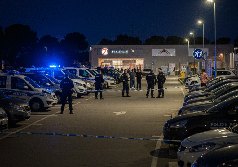 Evening in Medulin, Croatia, around 8 PM. The parking lot of the Plodine shopping center is brightly illuminated by artificial lights. Numerous Croatian police vehicles with flashing blue and red lights are parked, and strong Croatian police forces are present. Officers are actively securing and cordoning off a large section of the area with yellow police tape, which extends from the parking lot towards a nearby car wash. Several people are visible in the background, observing the tense scene. One individual is being escorted by police officers.