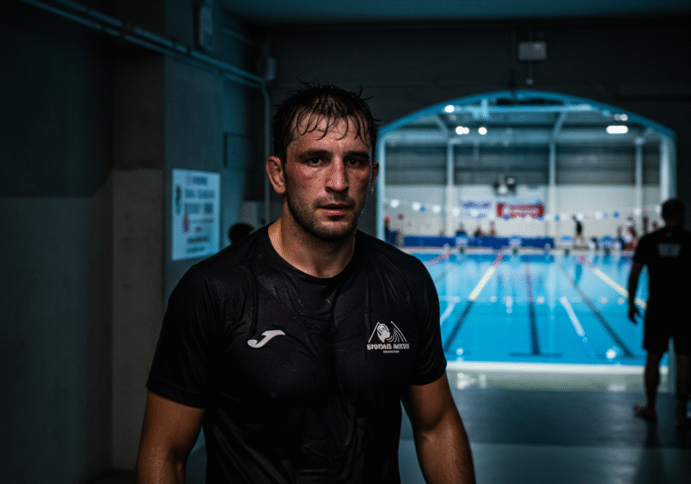 An athletic man, in his early 30s, with a weary but resolute expression, stands in a dimly lit, slightly gritty corridor backstage at a combat sports event venue in Novi Sad, Serbia. Sweat glistens on his forehead, and his dark, casual athletic wear is slightly disheveled. Through a partially open doorway or archway in the background, a brightly lit indoor swimming pool with a vibrant blue surface and lane lines is visible, creating a sharp visual contrast. The atmosphere is tense and reflective, embodying the struggle and intertwined fates within a modern Balkan urban setting.