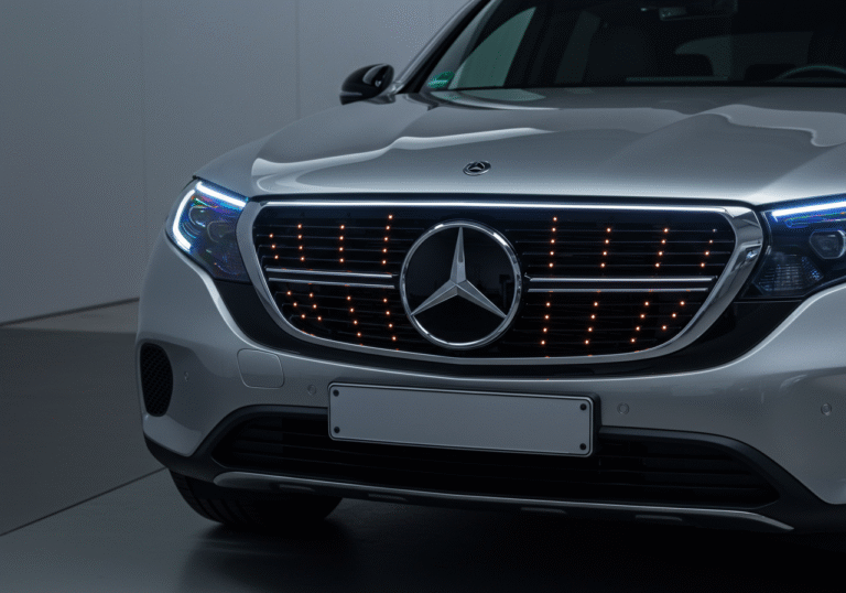 An editorial photograph of the front of the new Mercedes-Benz electric GLC model, taken at 7 PM inside a modern technology center in Sindelfingen, Germany. The significantly redesigned front grille is the focal point, featuring a distinct chromed frame and a dark, smoked-glass-like mesh structure. Integrated lighting illuminates the legendary Mercedes-Benz logo and the surrounding panel with a vibrant display of 942 animated light points. The vehicle's surface reflects the subtle ambient light, emphasizing its clean lines, minimalist design, and advanced technology in a sophisticated, realistic setting.