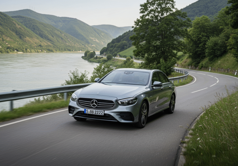 A Mercedes E 300 de 4Matic sedan, equipped with Michelin CrossClimate 3 Sport tires, is captured mid-turn on a smooth, winding asphalt road. The scene unfolds on a bright mid-June 2025 afternoon in the picturesque Wachau valley, Austria, with the wide Danube River flowing alongside the road. The vehicle leans slightly into the curve, demonstrating precise handling and grip. The surrounding landscape features lush green hills and scattered trees under a clear or slightly hazy summer sky, characteristic of the Austrian countryside. Editorial news photography style, with a sharp focus on the car in motion and a natural depth of field.