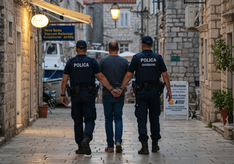 Early morning light illuminates a street in central Hvar, Croatia, where a man in his late 40s, Mile Kokić, is being led away in handcuffs. Two plainclothes Croatian police officers are escorting him, while a third uniformed Croatian police officer stands nearby, observing the scene. The setting is a bustling street lined with traditional stone buildings, characteristic of a Mediterranean tourist town, with a boat rental agency entrance visible in the background. The uniformed officer wears a dark blue Croatian police uniform. The atmosphere is tense but orderly, capturing a moment of a police operation on a warm summer day.