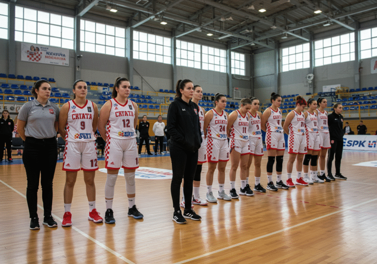 A somber scene inside a Croatian basketball arena. Female basketball players from ŽKK Split stand on the polished court, their heads bowed in a moment of silent remembrance for Mirjana Tabak Kovčo. Iva, the team captain and daughter of the revered Croatian basketball player, stands at the forefront, her face reflecting a deep sense of loss. Soft, diffused natural light filters in from high windows, creating a quiet, respectful atmosphere. Empty spectator stands are visible in the background, emphasizing the solemnity of the occasion.