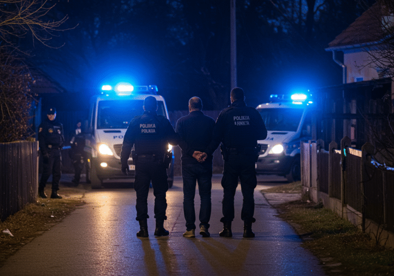 Croatian Anti-Terrorist Unit Lučko (ATJ Lučko) officers in dark tactical gear arresting 44-year-old Mirko H. in the pre-dawn hours on a quiet residential street in Berek, Croatia. Mirko H. stands calmly, hands behind his back, as officers secure him. Police vehicles with flashing blue lights are visible in the background, casting a cool, muted light on the surrounding rural Croatian homes and fences, reflecting the aftermath of an intensive search operation.