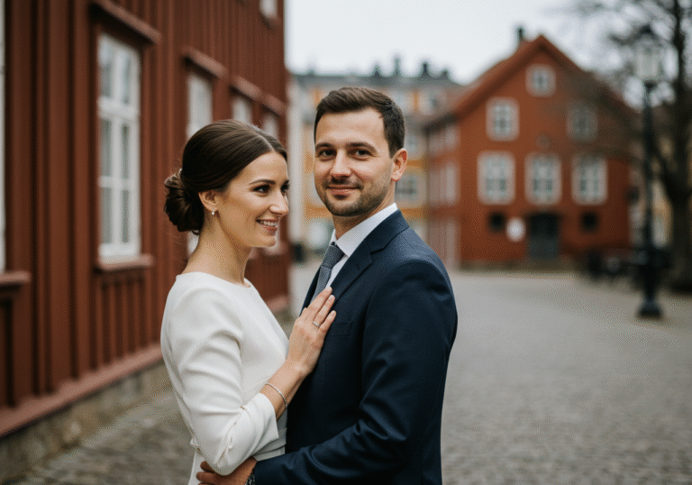 A quiet, natural portrait of Mirna Savić and Igor Pavlović, a newly married couple, standing close together in an intimate outdoor setting in Oslo, Norway. Mirna, in an elegant, understated white dress, and Igor, in a dark suit, share a subtle, happy smile. The soft daylight illuminates their faces, capturing a moment of personal joy. The background subtly features classic Norwegian architecture or a serene natural element, typical of Oslo, indicating their new life there.