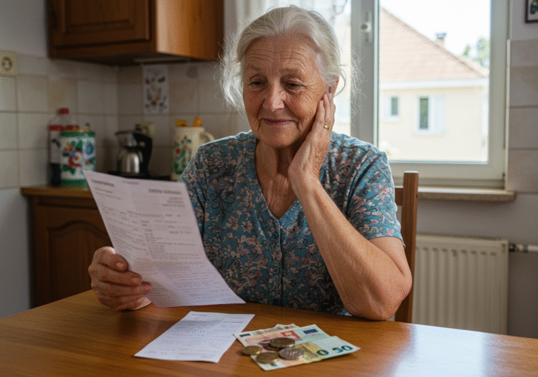 An elderly Croatian woman, possibly in her 70s, sits at a wooden kitchen table in her modest apartment in a Croatian city, looking down at a printed bank statement or pension slip. Her expression is thoughtful, showing a subtle mix of relief and contemplation. A few euro banknotes and coins are visible on the table beside her hand. Natural daylight streams through a nearby window, illuminating the scene. The background hints at a simple, well-maintained home environment in Croatia on a warm summer afternoon.