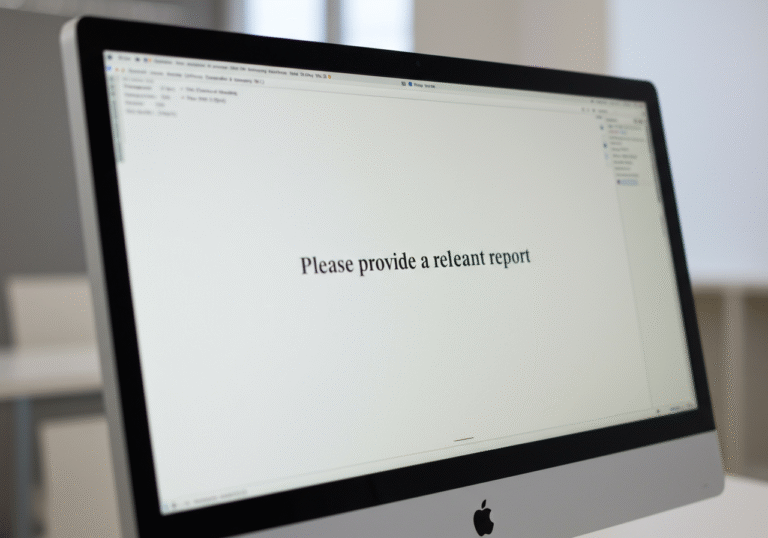 A blank document displayed on a clean, professional-grade computer monitor in a softly lit, modern office setting. The only visible content on the screen is the English phrase: 'Please provide a relevant report.' The focus is sharp on the screen, with a shallow depth of field, conveying a sense of anticipation.