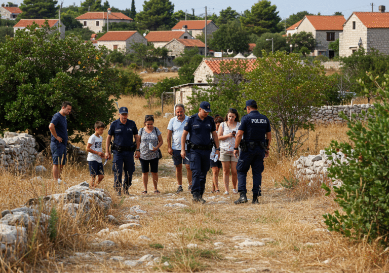 Croatian police officers in uniform, accompanied by family members, meticulously searching a rural area near Štikovac in Šibenik-Knin County, Croatia. The scene is set under clear mid-day summer skies, with dry Mediterranean vegetation and scattered traditional stone houses in the background. The officers are focused, scanning the terrain, while the family members appear worried and anxious, observing the search efforts. The overall atmosphere conveys a diligent and urgent missing person investigation.