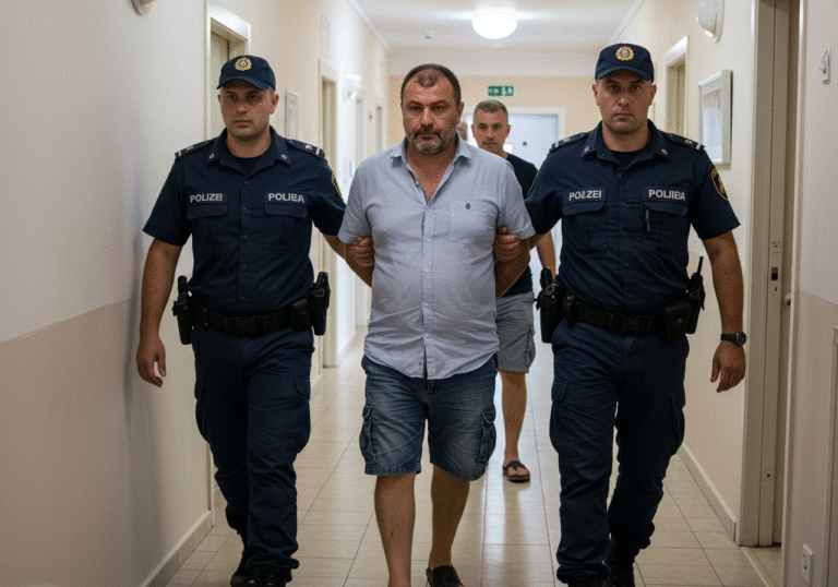 Mladen Krešić, a 41-year-old man, is being escorted by two Croatian police officers in dark blue uniforms through a brightly lit hotel corridor on the island of Rab, Croatia. It is mid-day with strong summer light. Krešić, wearing casual summer clothing, has a serious expression. The police officers are firm and professional as they lead him. The hotel features light-colored walls and a clean, functional design typical of a Mediterranean island accommodation.