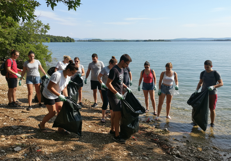A group of young adult volunteers of Croatian descent, aged 18 to 35, from various countries, are actively engaged in environmental cleanup efforts within Vransko Jezero Nature Park, Croatia. They are seen collaborating, diligently picking up waste and debris along the shoreline of the expansive natural lake. The setting is a bright, warm mid-August day, with clear blue skies overhead and the sun illuminating the calm waters and green, typical Mediterranean vegetation. The volunteers wear practical, casual clothing, some with gloves, and their expressions convey focus and dedication to nature preservation. The background features the vast Vransko Lake and the natural landscape characteristic of the area near Biograd na Moru.