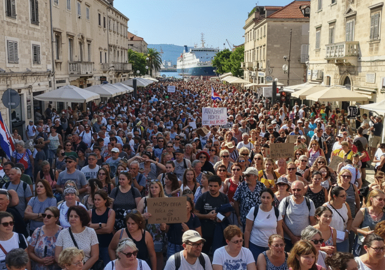 Thousands of concerned citizens of Split, Croatia, gather on a sunny August 11, 2025, during a large-scale protest on a city street. The diverse crowd, filling the street with determined expressions, expresses strong opposition to the presence of the asbestos-laden Italian ferry Moby Drea, which is visible docked in the distance at the Brodosplit shipyard. The atmosphere is urgent, reflecting widespread public health concerns. Mediterranean summer light illuminates the scene, highlighting the distinctive Croatian city architecture and the blue sky.