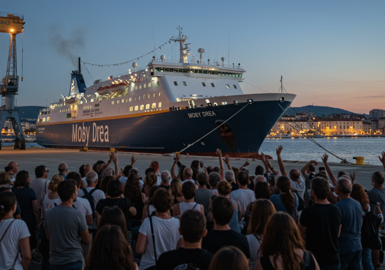 An editorial photograph of the Italian ferry Moby Drea, a large vessel, prominently docked at the Brodosplit shipyard in Split, Croatia. In the immediate foreground, a determined crowd of Croatian environmental activists and local citizens are gathered for an evening protest. Their faces are illuminated by the soft glow of dusk and shipyard lights, some individuals are raising their hands in a gesture of protest, reflecting the strong public opposition to the ferry's planned asbestos removal. The distinctive coastal architecture of Split is visible in the background, under a twilight sky.