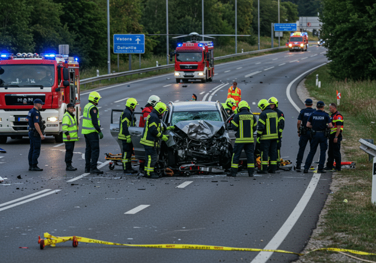 Late afternoon, August 17, 2025, Mokrice, Oroslavje, Croatia. Emergency crews are at the scene of a severe head-on collision involving two passenger cars on the new section of state road DC307, near a roundabout and a car wash. Firefighters from Javna vatrogasna postrojba Zagorska, in their distinct Croatian uniforms, are actively working to extract trapped individuals from the crumpled wreckage. Croatian police officers are securing the area, managing traffic diversion, and beginning their investigation. A medical helicopter is either landed nearby or departing, indicating the transport of injured persons. The road is clearly closed to traffic, illuminated by the late summer sun.