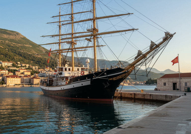 A professional medium shot of the training ship 'Jadran' docked in a sunlit Montenegrin port, late morning. The ship is a classic, large sailing vessel with a dark hull and white superstructure, its multiple masts and rigging reaching skyward. The water around the ship is calm and reflects the clear blue sky. In the background, characteristic Montenegrin coastal architecture or subtle naval base elements can be discerned, along with a Montenegrin flag prominently displayed on the shore or a nearby building. The scene is realistic, sharp, and well-composed, emphasizing the ship's presence in Montenegro.